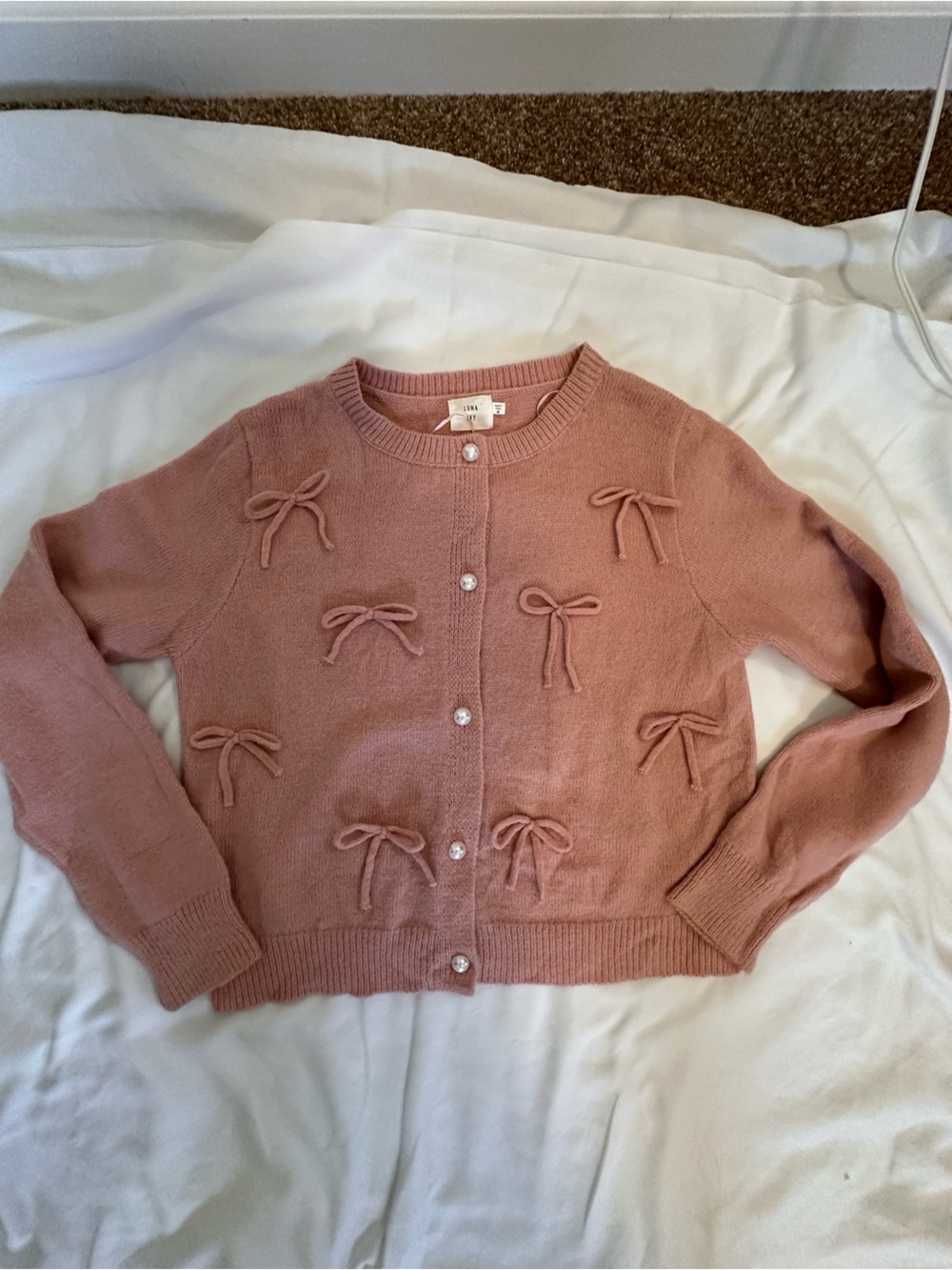 Luna Ivy  Dusty Rose Bow-Applique button Sweater